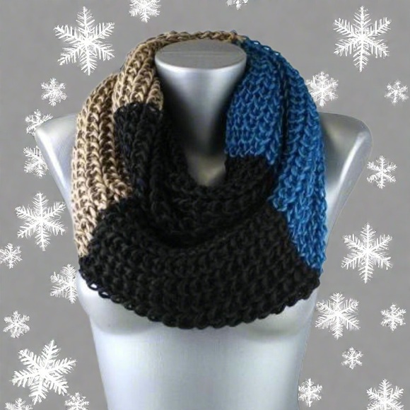 NEW Winter Knit Infinity Scarf Black Tan Blue Striped Scarf - Picture 1 of 6